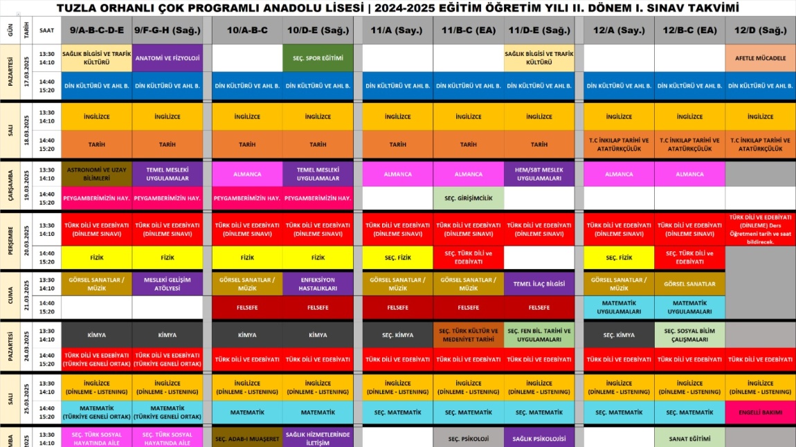 Orhanlı Çok Programlı Anadolu Lisesi 2025 İkinci Dönem 1. Sınav Takvimi